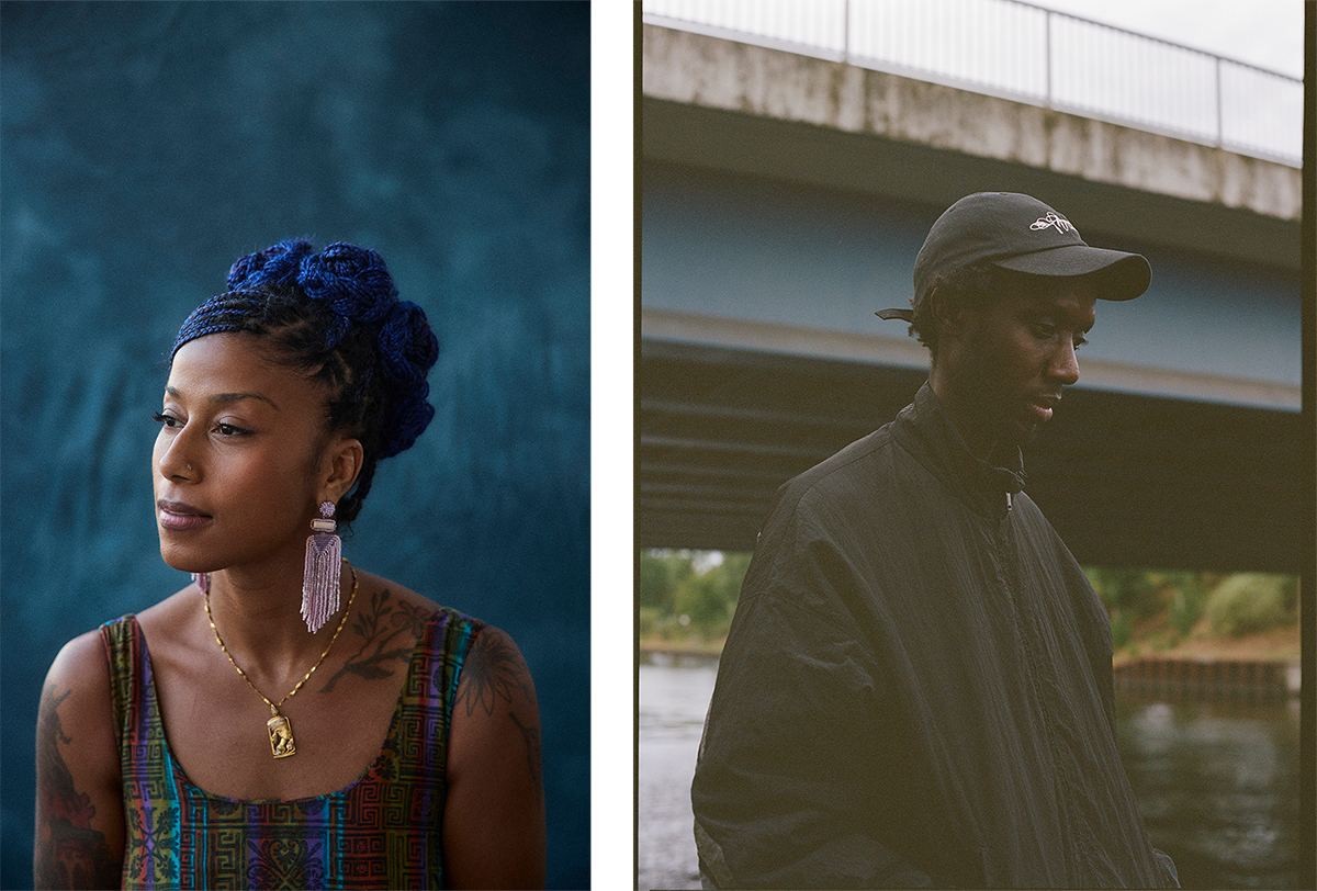 Two photos: the first photo is a portrait of aja monet. She is standing in front of a blue background. The photo is taken from the front; she has turned her head to the left and is looking in the same direction. She is wearing light pink earrings made of beads and a gold necklace. The second photo is a portrait of KMRU. It is an analog photo. He is standing on the street and looking down. A bridge is visible in the background. He is wearing a black jacket and a black cap.